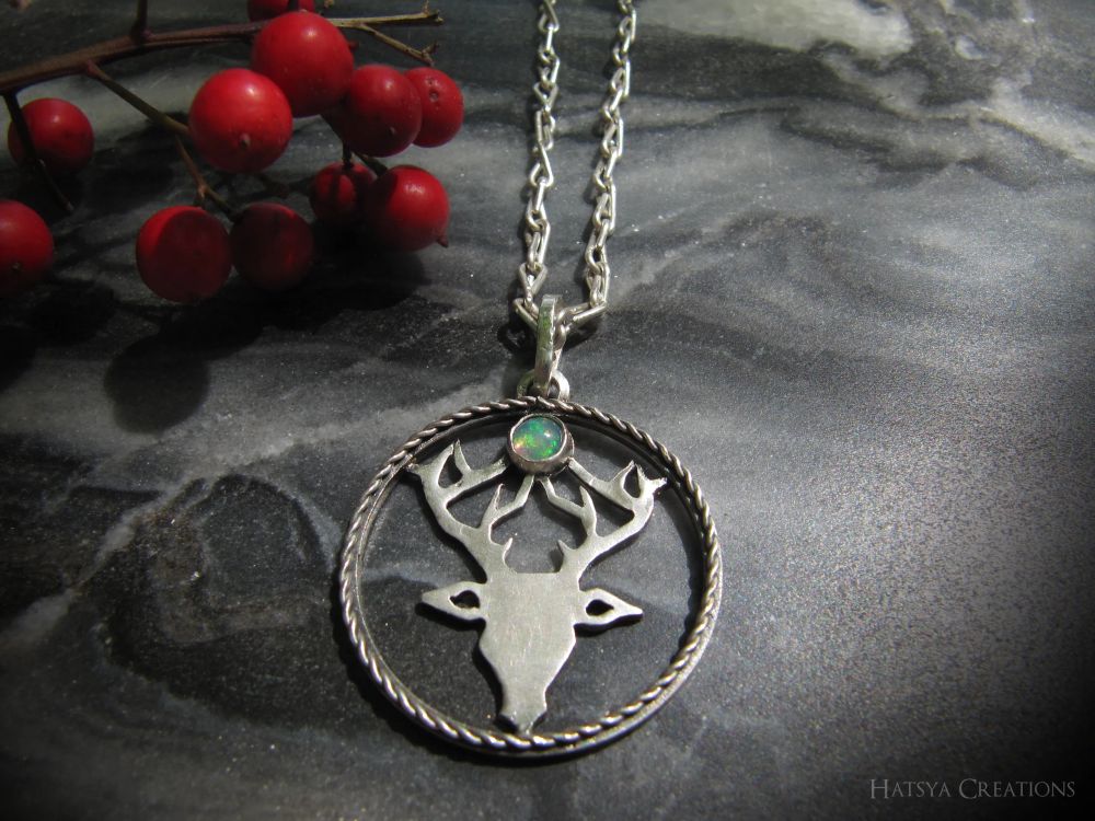 Hatsya Creations silver Deer pendant with an ethiopian opal